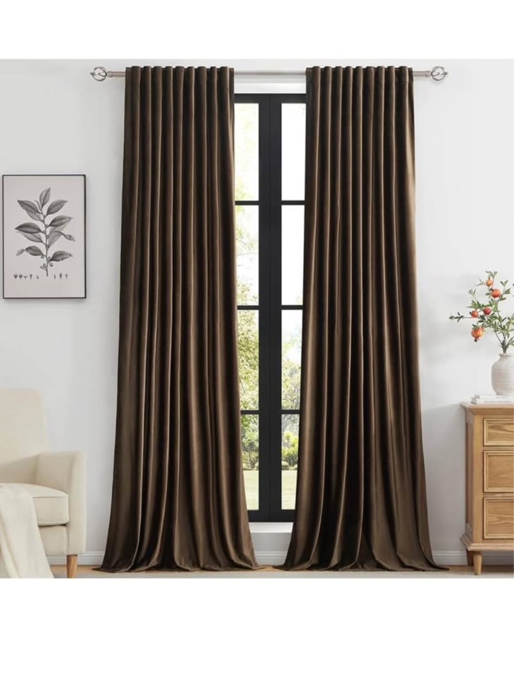 PRIMROSE Brown Velvet Curtains 90 inch Long for Living Room, Set of 2 Panel